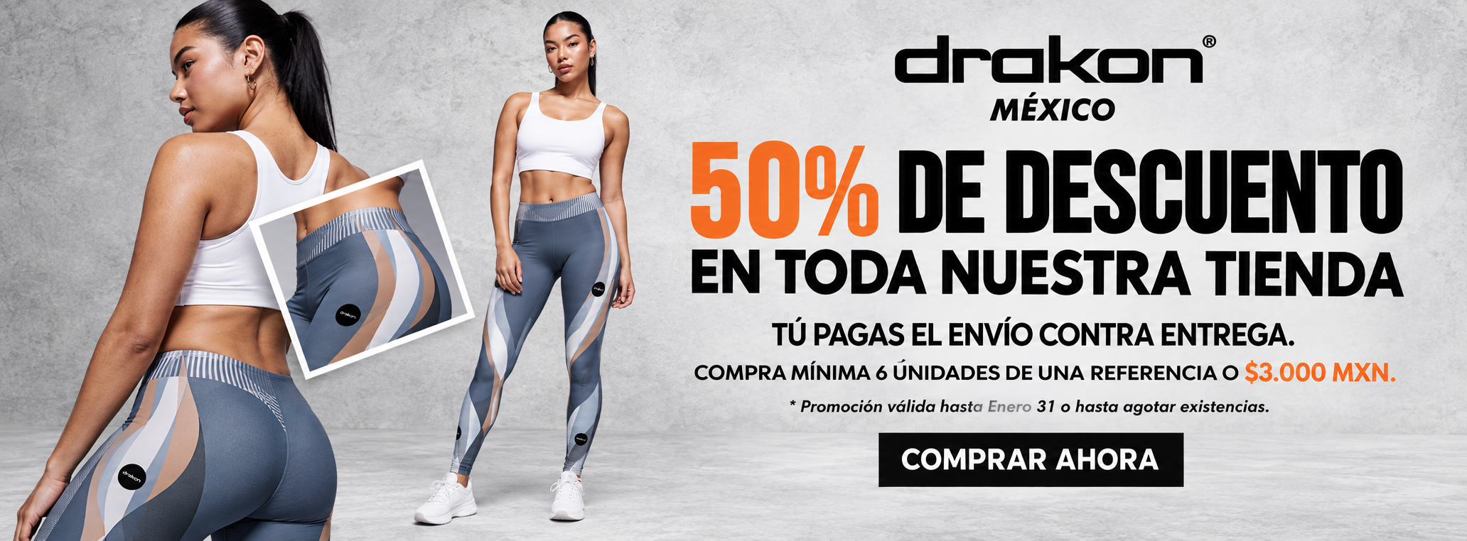 DRAKON México: 50% de descuento en toda la tienda de ropa deportiva colombiana. Modelo con leggings estampados.
